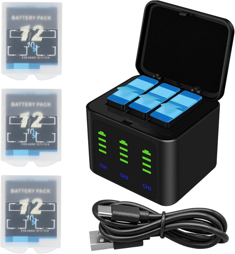 Fancy Buying أطقم شاحن بطاريات لجهاز GoPro Hero 12 11 10 9 بلاك، 3-pack بطاريات بديلة بسعة 2000 مللي أمبير + علبة شحن ثلاثية مع كابل شحن Type-C لملحقات بطاريات Go Pro 12 11 10 9 الرسمية - Image 1